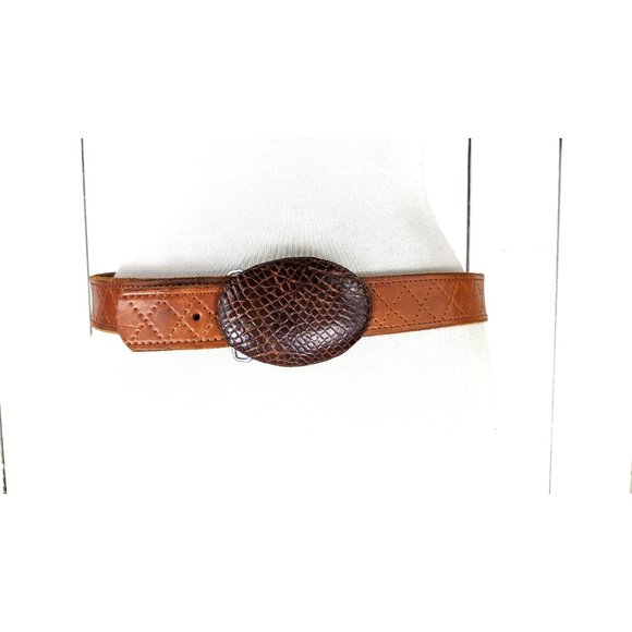 Vintage brown tooled braided leather reptile embossed buckle belt - Picture 2 of 6